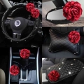 Red Rose Flower Car Seat Interior Accessories Leather Steering Wheel Cover Auto Crystal Headrest Support Handbrake Shifter Cover