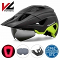 VICTGOAL LED Bike Helmet With Sun Goggle Visor Rechargeable LED Men Bicycle Helmet Sunglasses Shield Road MTB Cycling Helmets|Bi