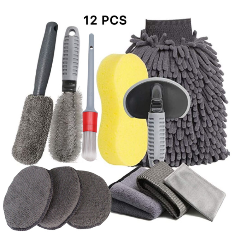 12pcs Car Grooming Car Wash Glove Polishing Waxing Sponge Wheel Hub Brush Tire Brush Car Cleaning Microfiber Towel Car Detailing